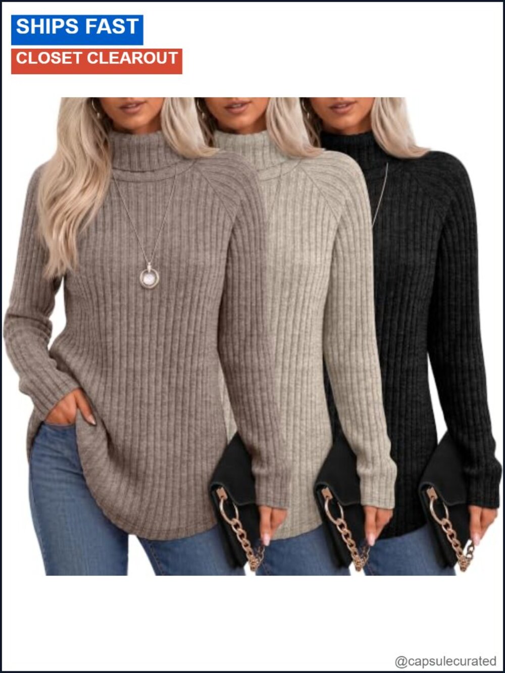 3 Pack Womens Turtleneck Sweaters Ribbed Knit Long Sleeve Tunic Tops